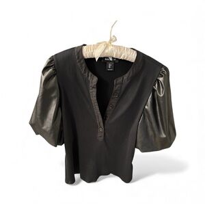 Bailey 44 black Puff faux leather Sleeves button, V Neck Cotton Blouse, large